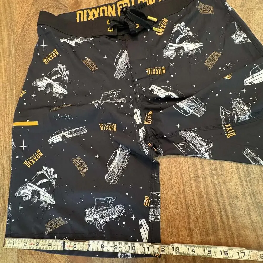 Dixxon Shorts Mens 32 Black Space Car Print Boardshorts Swim Trunks Drawstring